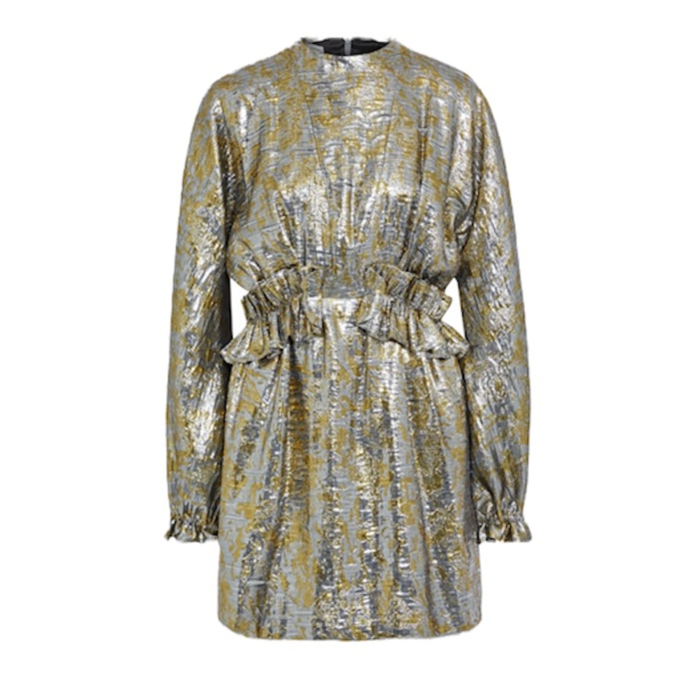 DRIES VAN NOTEN Ruffle Trimmed Metallic Silk Blend Brocade Dress NEW Silver Gold - Picture 15 of 15
